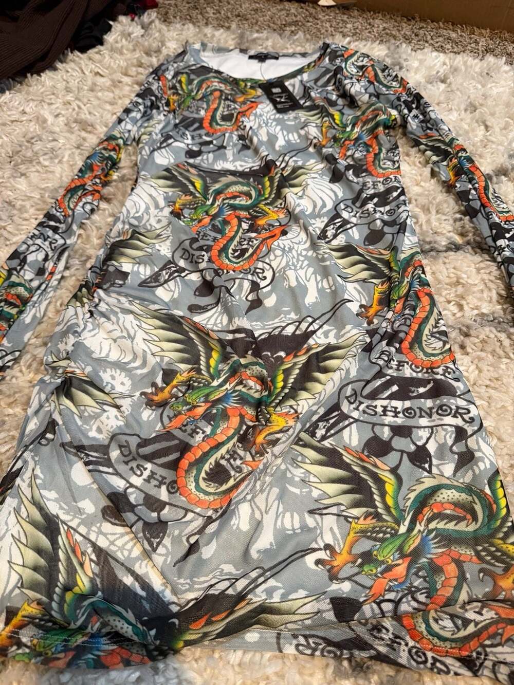 Ed Hardy Dragon Print Mesh Long Sleeve Mini Dress